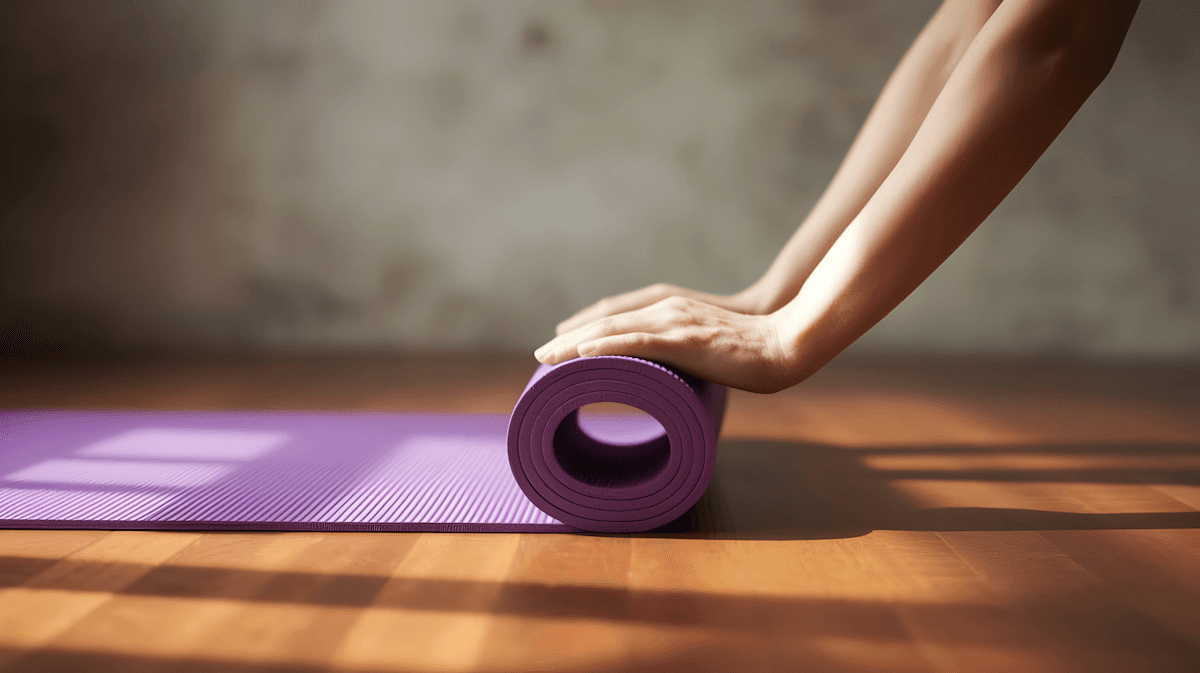 Hands roll purple yoga mat across wooden floor in sunlight.