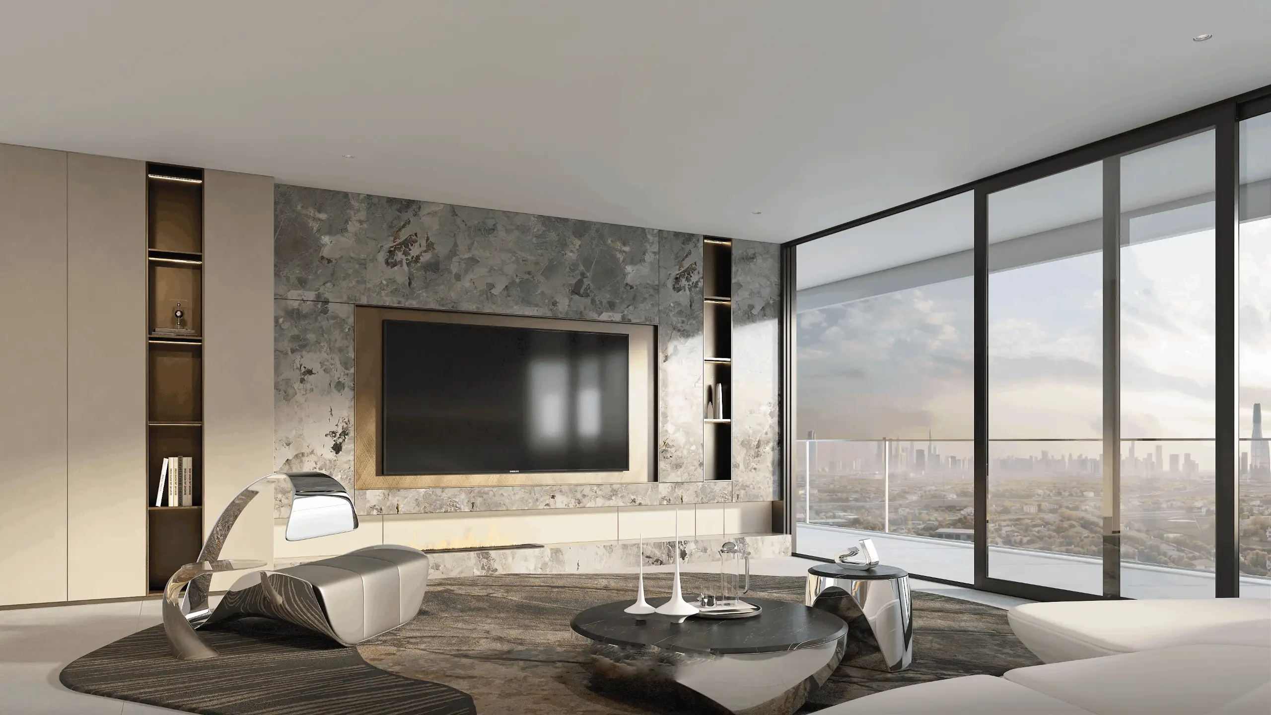  Contemporary bedroom with stylish decor and a panoramic view of the city from Hadley Heights 2.