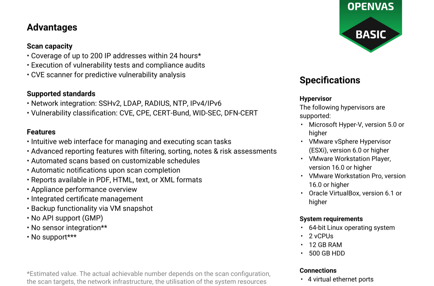 Greenbone official OPENVAS Basic datasheet listing scan capacity, reporting, hypervisor support, and system requirements
