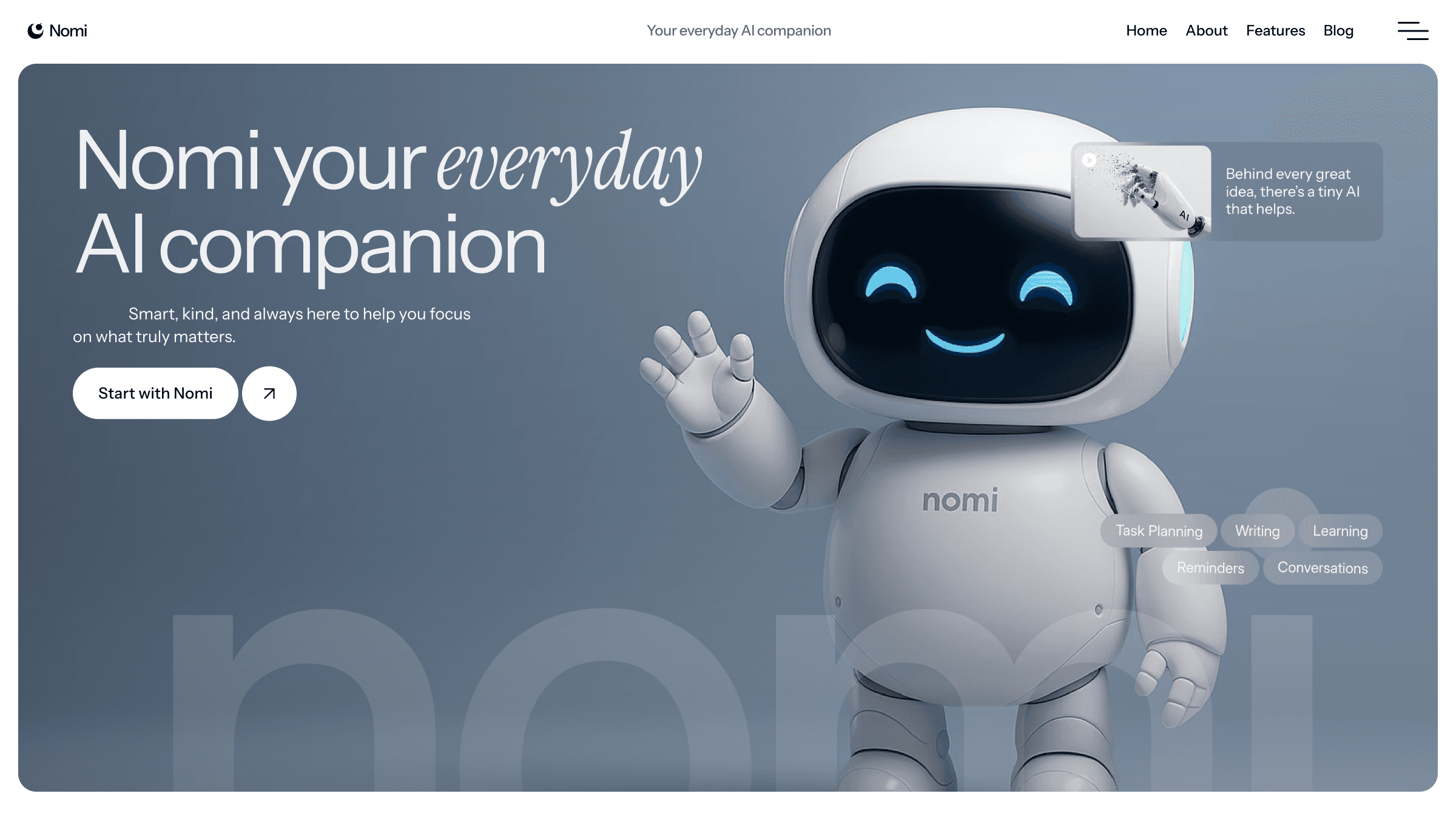 Landing page design for Nomi AI companion — futuristic UI concept by Luna UI