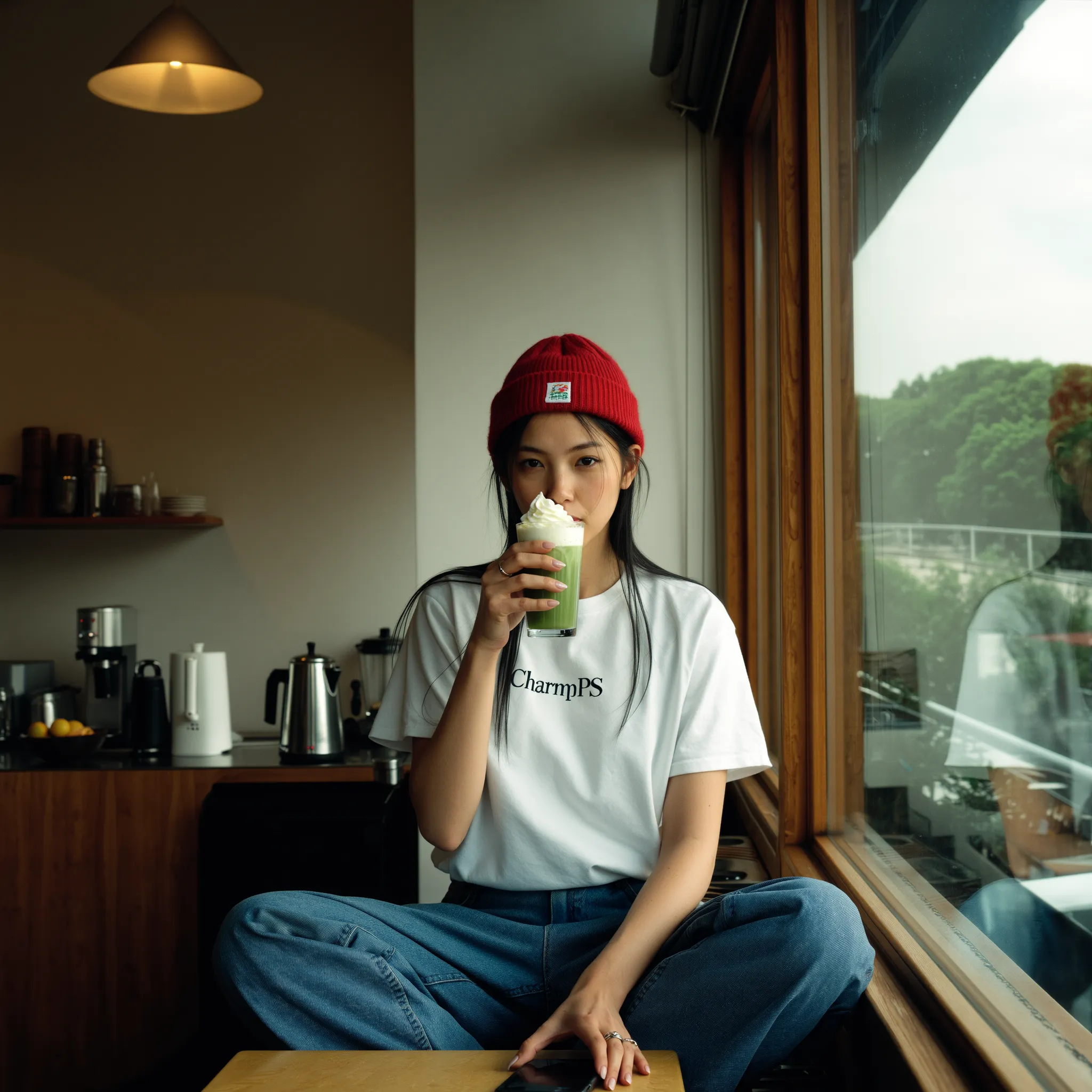 Weibliches KI-Model im Café am Fenster mit roter Beanie, lässigem Outfit und Matcha-Drink, entspannte Atmosphäre und natürlicher Lifestyle-Moment.
