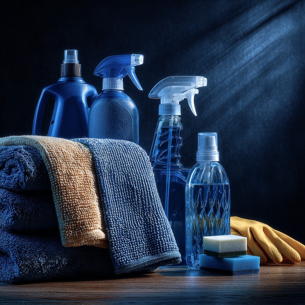 A person wearing bright green gloves is cleaning a surface with a cloth and a spray bottle.