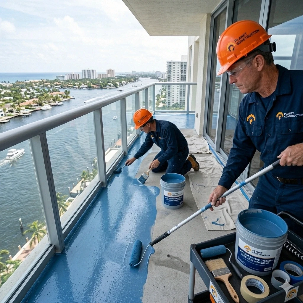 Waterproofing membrane application Fort Lauderdale balcony crew Planet Construction Step 3