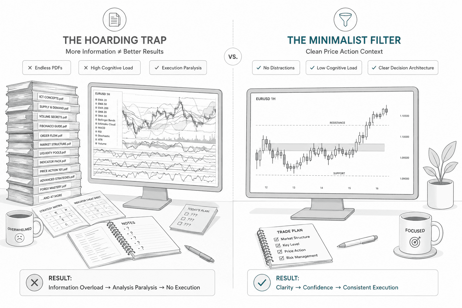 Side by side monitors and desk setups on the left there is a pile of books, and a chart with 12 differernt indicators, creating information overload. On the right is a clean setup, a trade journal and clear decision making architecture