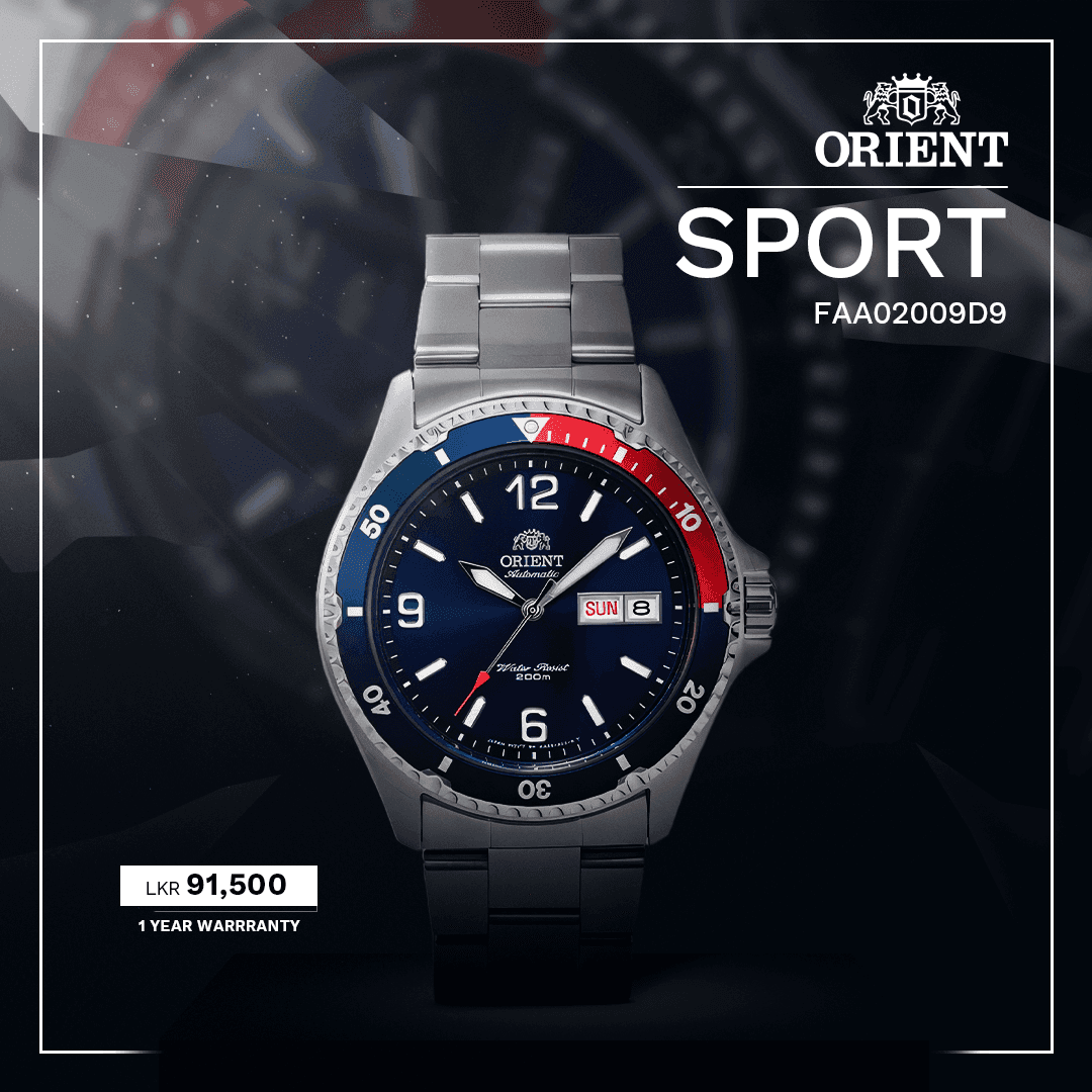 A silver dive watch with a stainless steel bracelet features a blue and red rotating bezel, along with a black dial displaying the time, day, and date; it is presented against a dark background, emphasizing the watch's sporty design and the LKR 91,500 price in the foreground.
