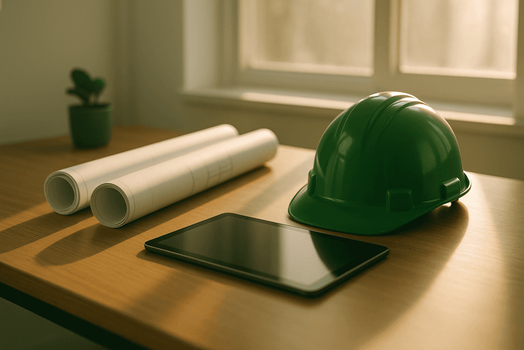 A helmet, tablet and a blueprint on a table.