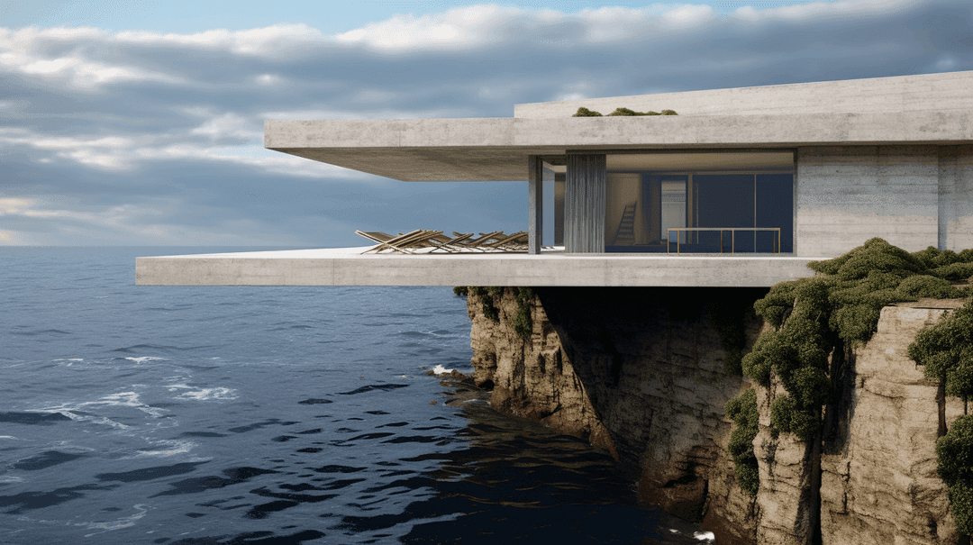 Dramatic concrete cliff house with cantilevered terraces overlooking ocean from rocky precipice
