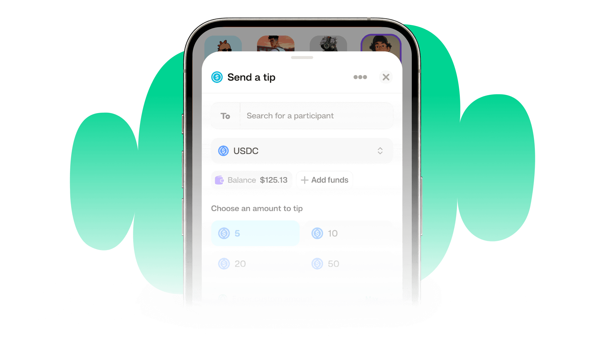 Send a tip screen with token balance and tip amount options in the House app.