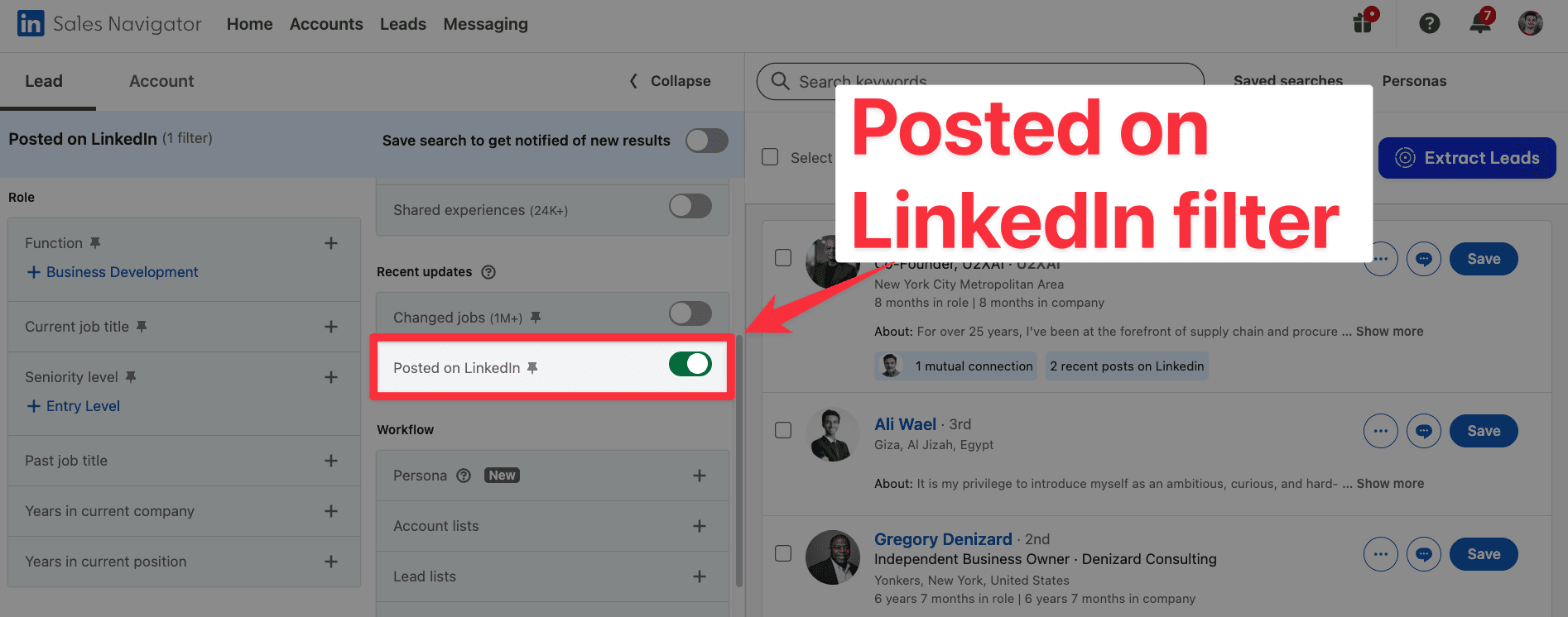 Posted on LinkedIn filter on Linkedin Sales Navigator