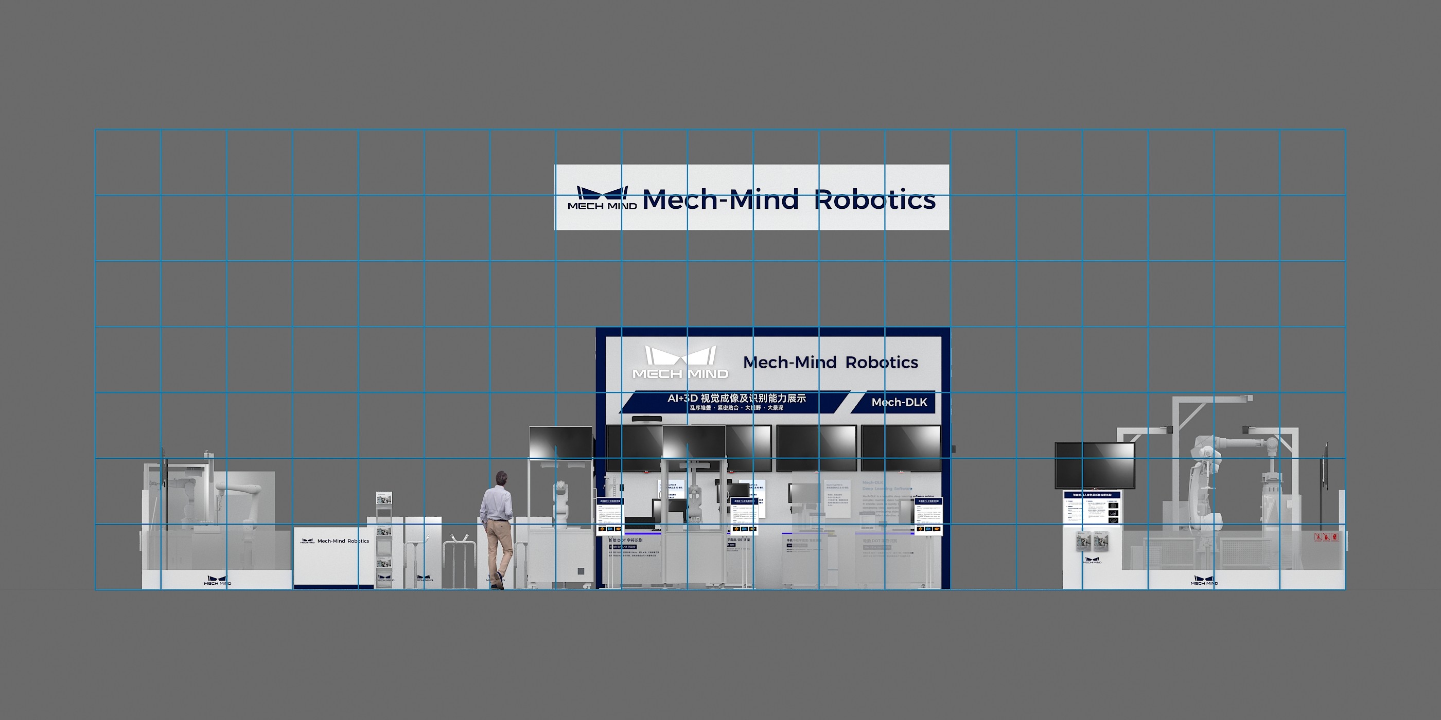 Front elevation view of a trade show booth showing buildable engineering layout, structural alignment, and graphic placement planning.