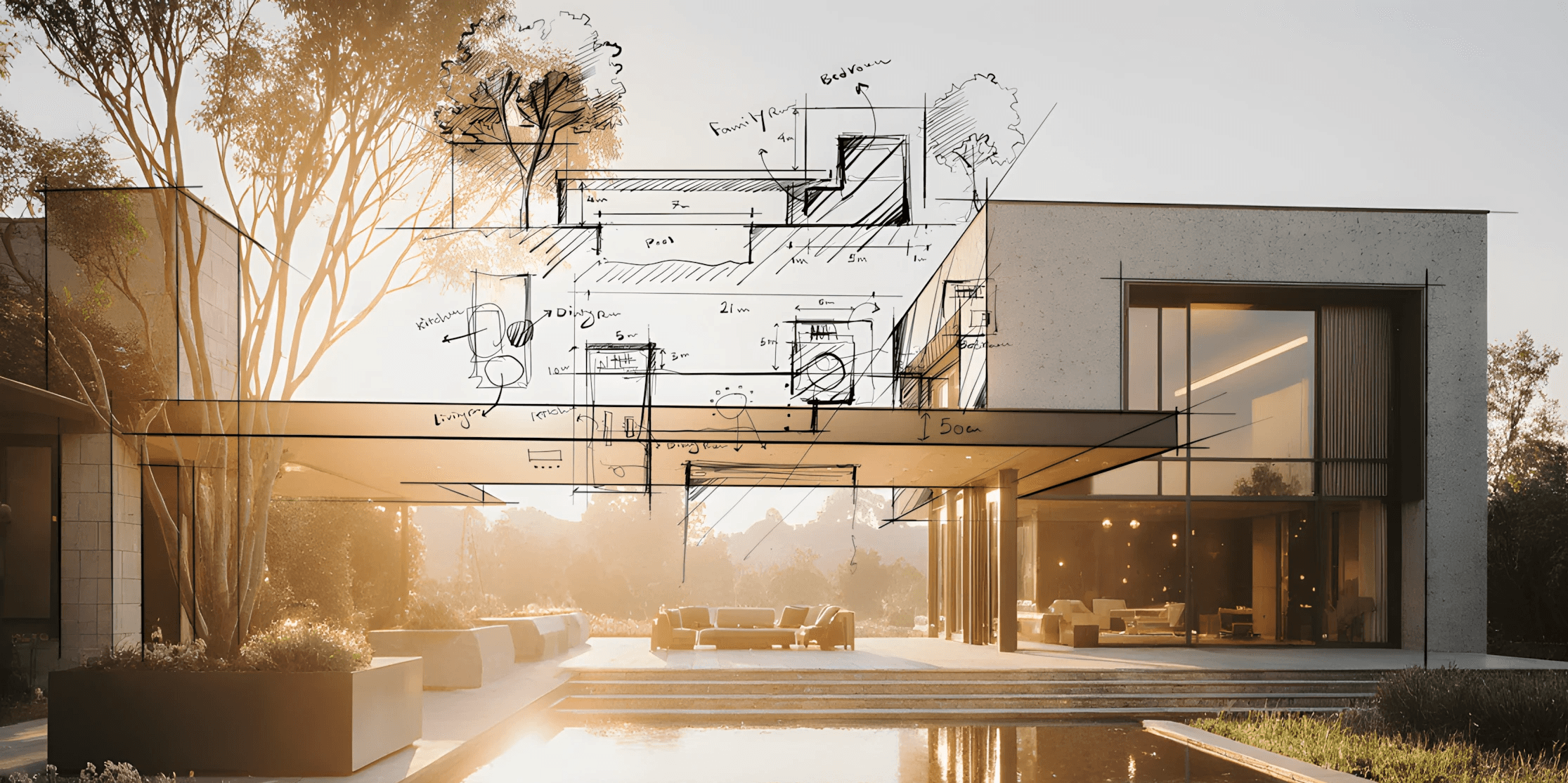 A detailed architectural layout of a modern house with landscaped gardens, large rectangular swimming pool, trees, and outdoor seating areas designed by ARCA Builders.