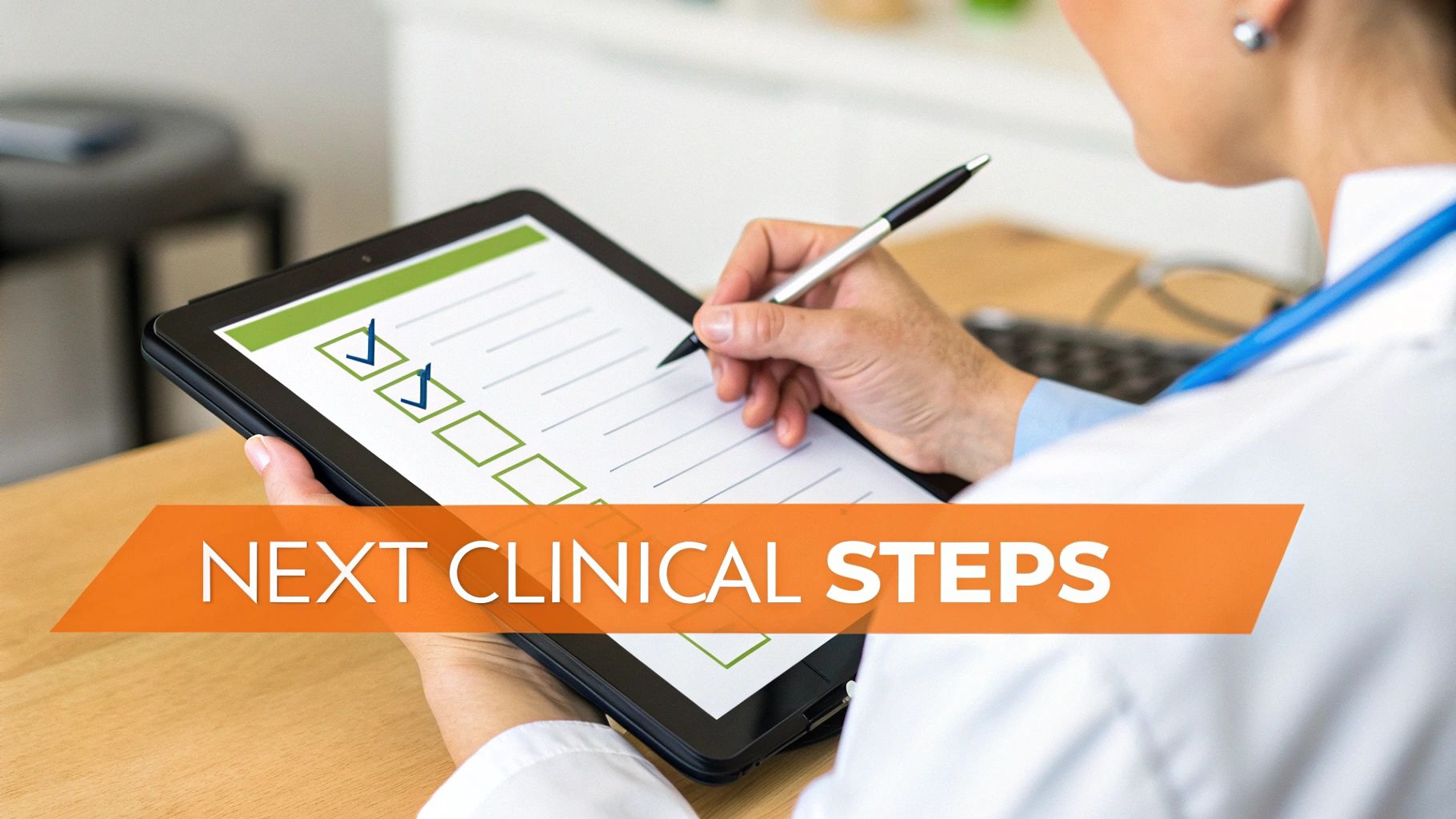 Doctor checking a digital checklist on a tablet, planning next clinical steps.