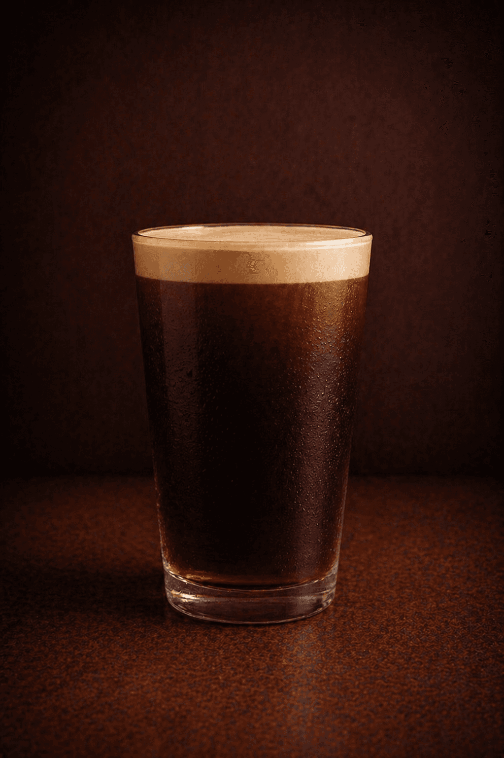 Nitro Cold Brew with a foamy head in a tall glass at Café Sherpa's, Brookfield WI. Nitrogen-infused cold brew, naturally sweet with a velvety body.