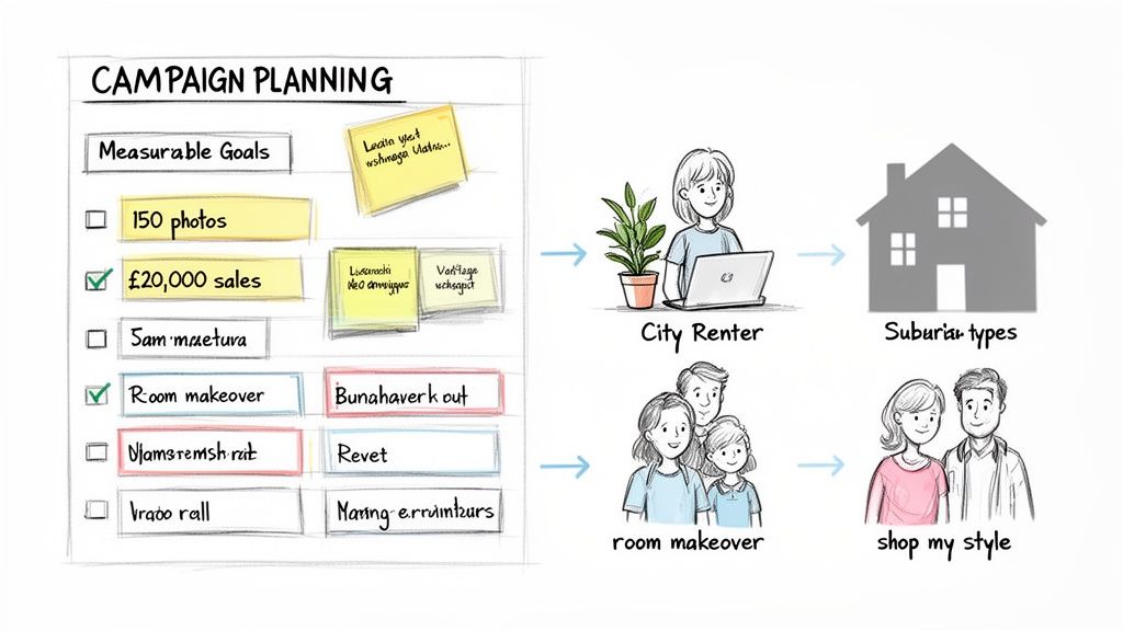 A visual showing campaign planning with measurable goals and target audience segments like city renters and room makeovers.