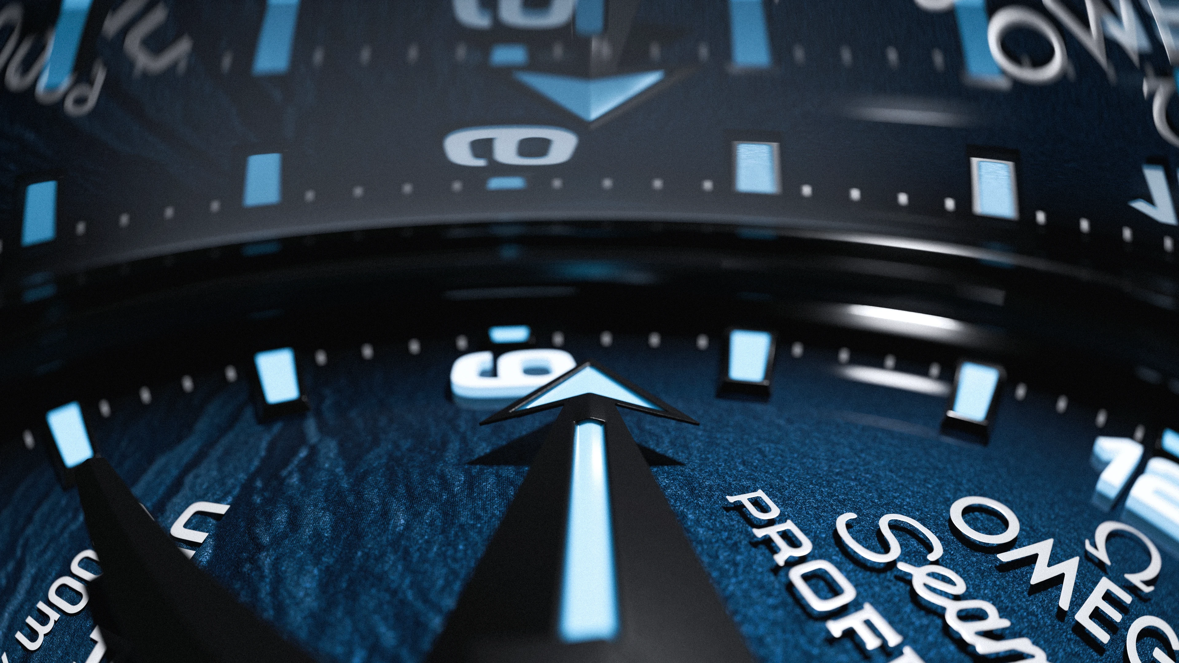 lose-up Omega watch dial with blue markers