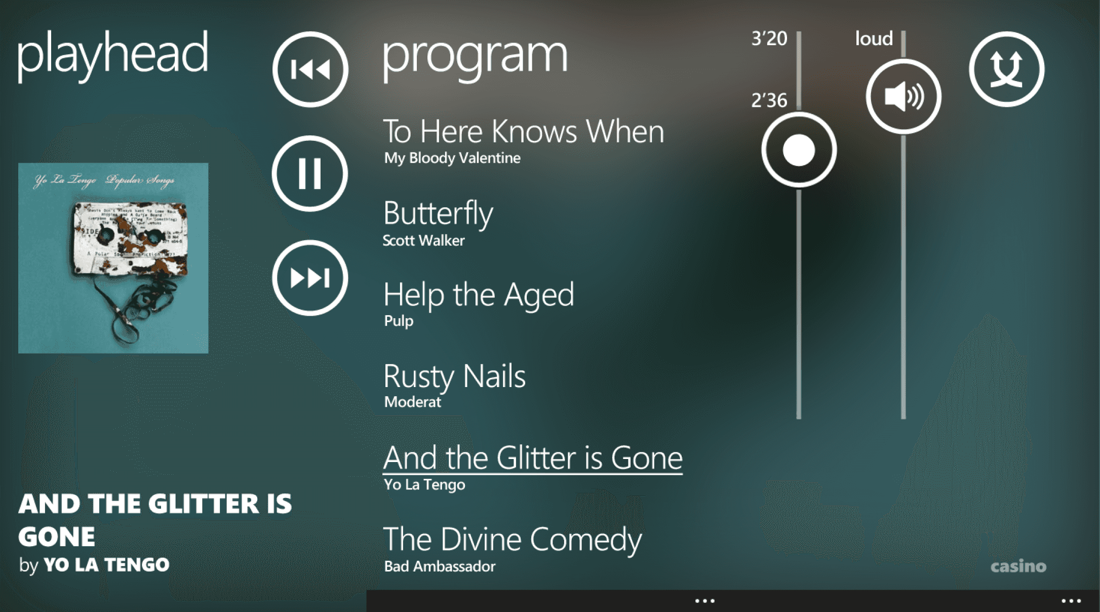 Early mockup for the Playback screen in Casino Music Player: too complicated