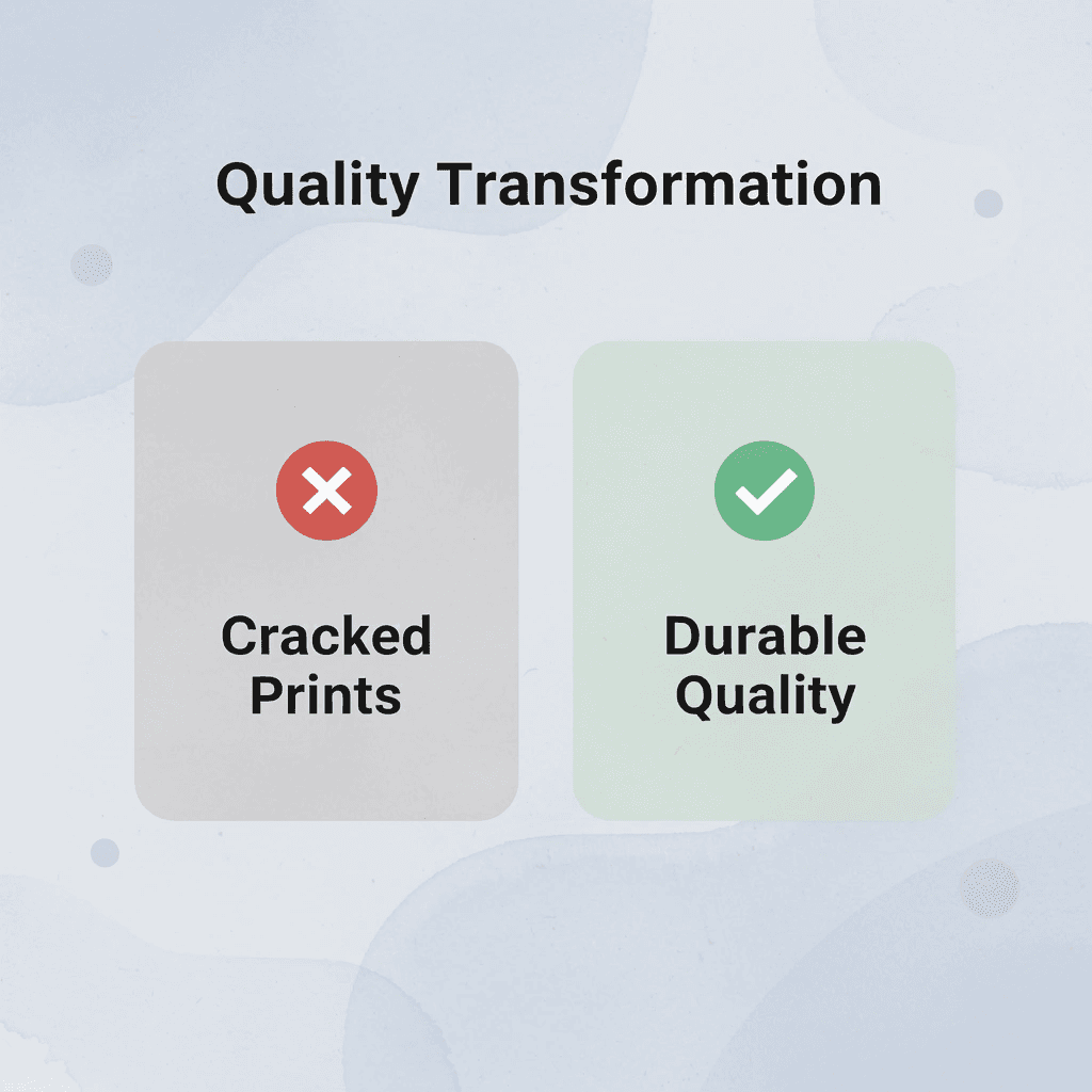 Before and after comparison showing transformation from cracked prints to durable quality