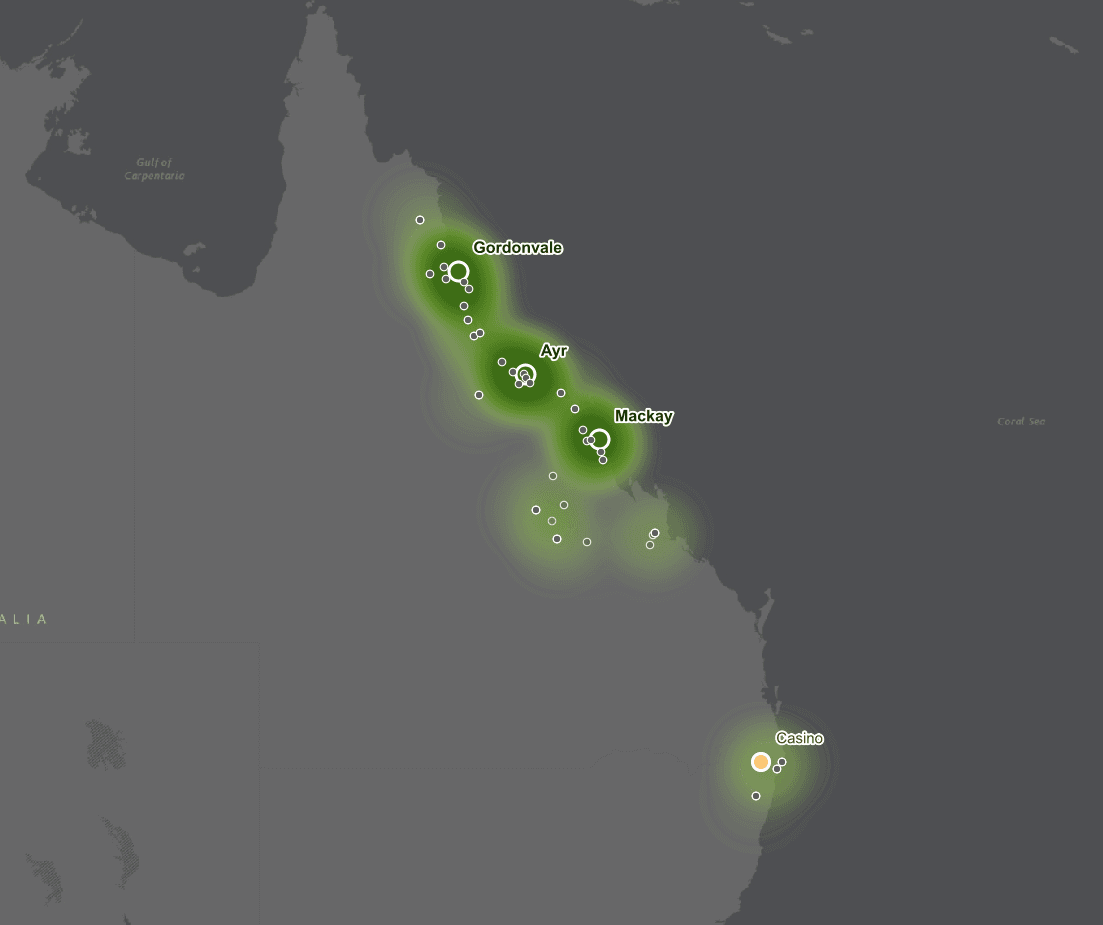 Map showing Farmacist precision agronomy coverage across Queensland sugarcane regions including Cairns, Gordonvale, Ayr, Mackay and Northern Rivers