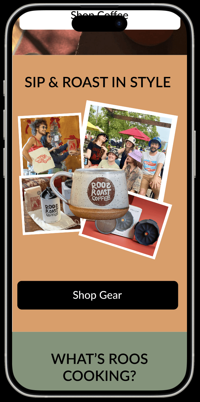 iphone mockup of the redesigned RoosRoast homepage, with a collage of the merchandise.