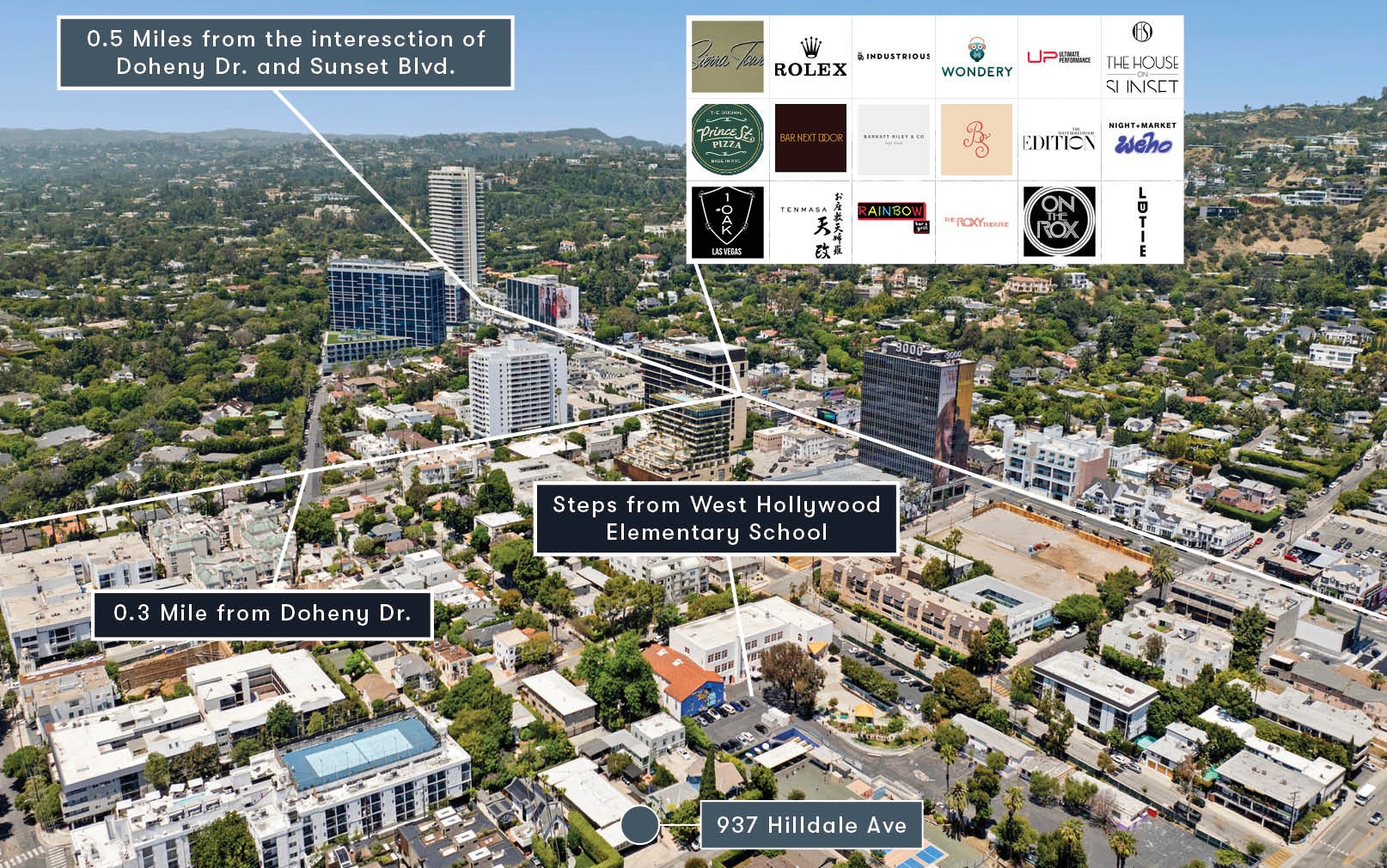 Aerial map highlighting nearby Sunset Strip amenities surrounding 937 Hilldale Ave.
