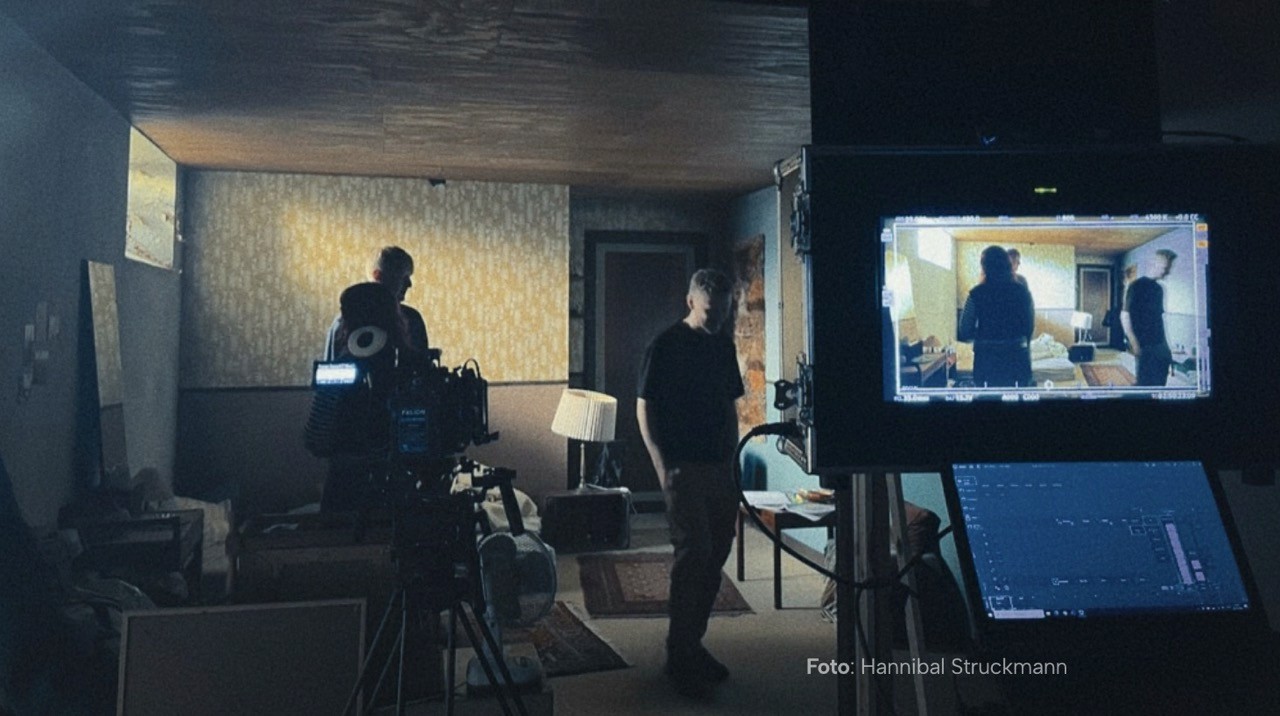 Two people at a film set.