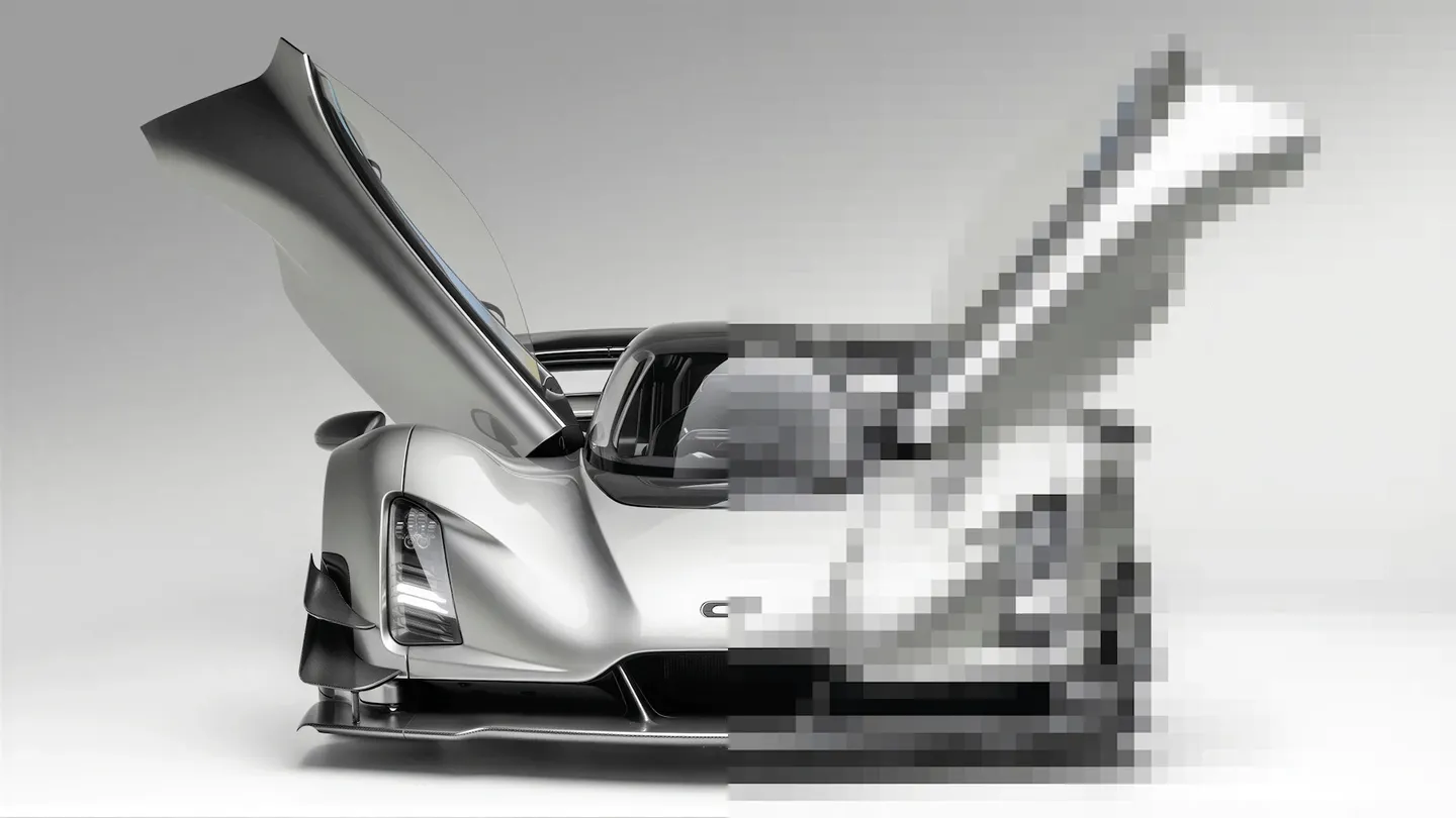 Silver supercar with gullwing door transitioning into pixelated lossy compression on gray background.