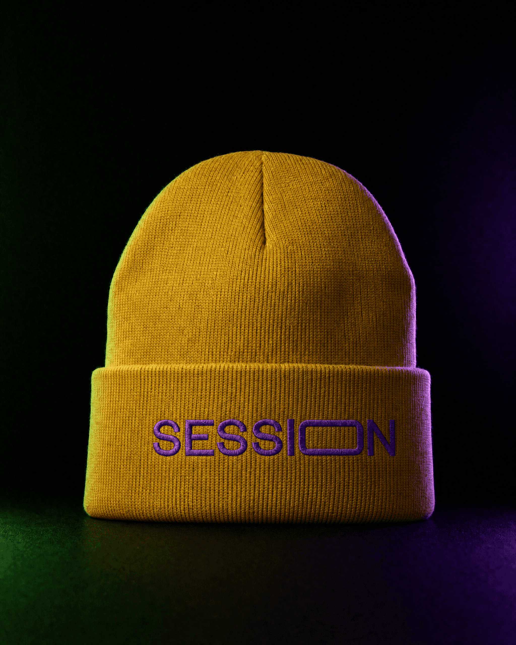 Yellow Session Zone cuffed beanie with purple SESSION lettering on the front.