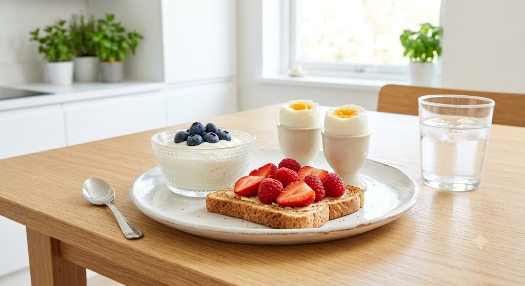 A healthy breakfast served on a wooden table, featuring a plate with whole wheat berry toast, two soft-boiled eggs in cups, a glass bowl of greek yogurt with blueberries, and a glass of ice water.