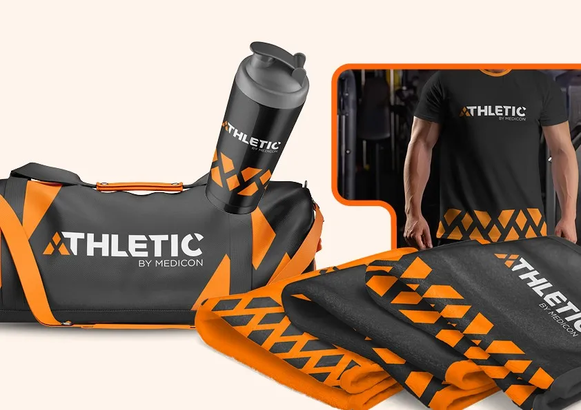 Branding-Materialien für Athletic by Medicon mit Sporttasche, Shirt und Handtüchern