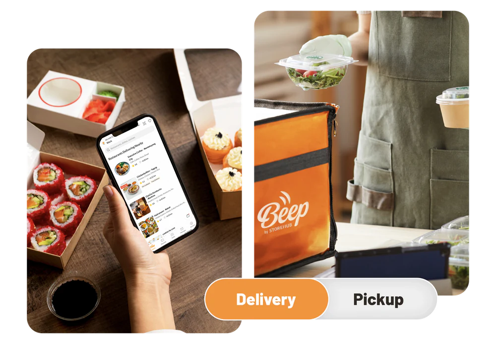 Customer ordering food on a smartphone via Beep by StoreHub, with delivery and self-pickup options for F&B businesses.