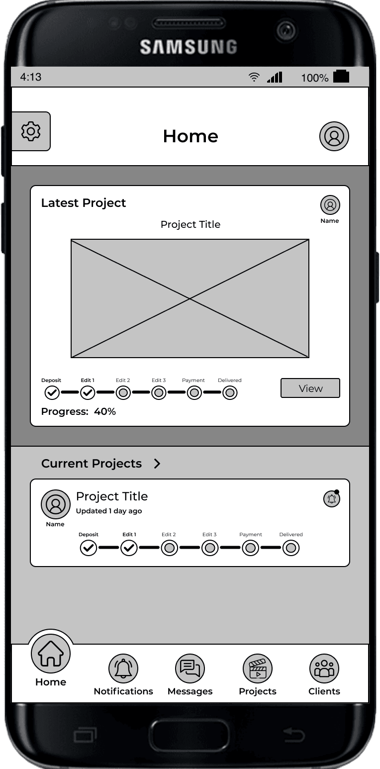 A wireframe of a media production app's homepage