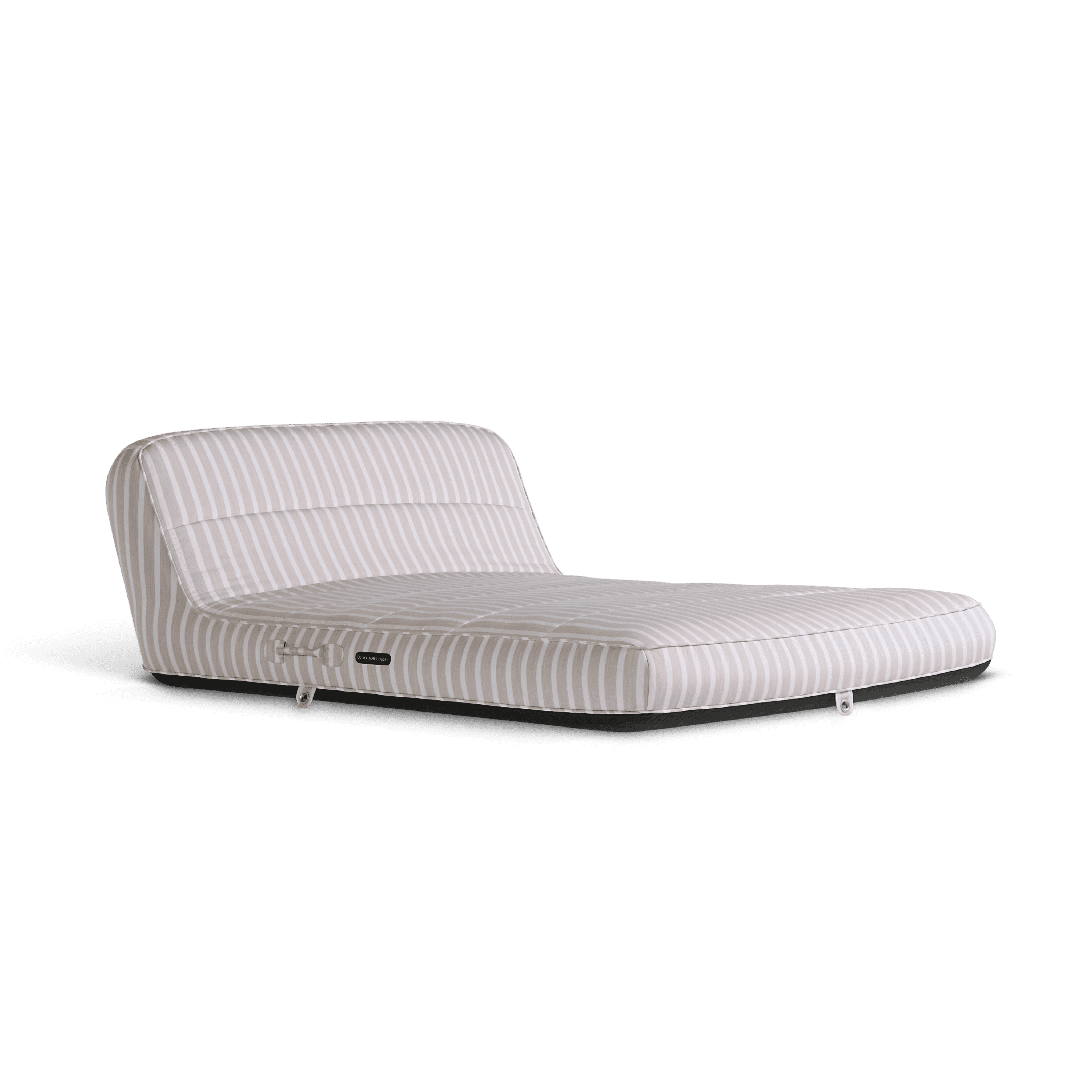 Luxury double pool float in beige-and-white stripe canvas with raised headrest and jet-black base