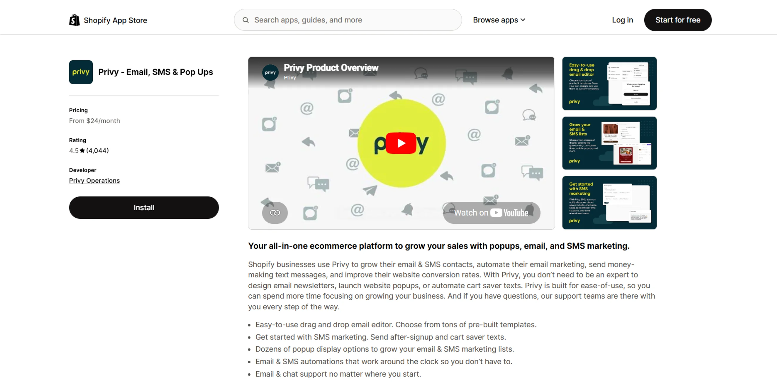 Privy email, SMS, and popups app listing page on the Shopify App Store