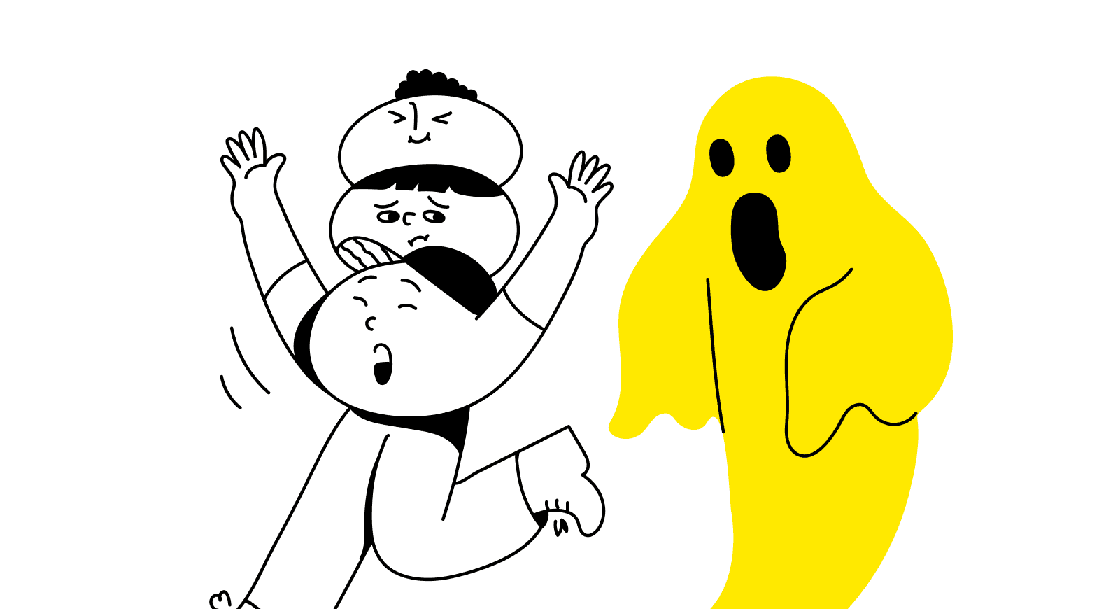 Ilustração de três personagens assustados com um fantasma amarelo, representando os desafios inesperados da liderança acidental.