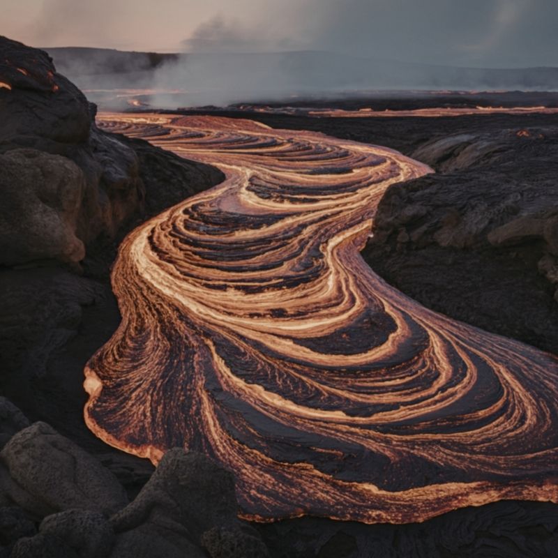 Glowing, slow-moving lava flow with smooth, ropy surface patterns winding through dark volcanic rock, illustrating an effusive eruption.