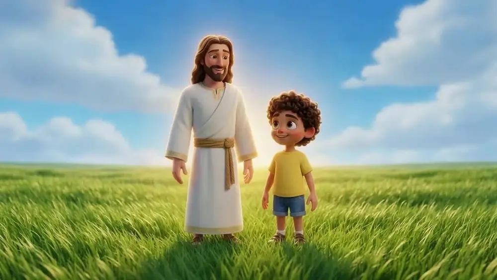 Scene 25: Jesus and the boy standing together in the meadow