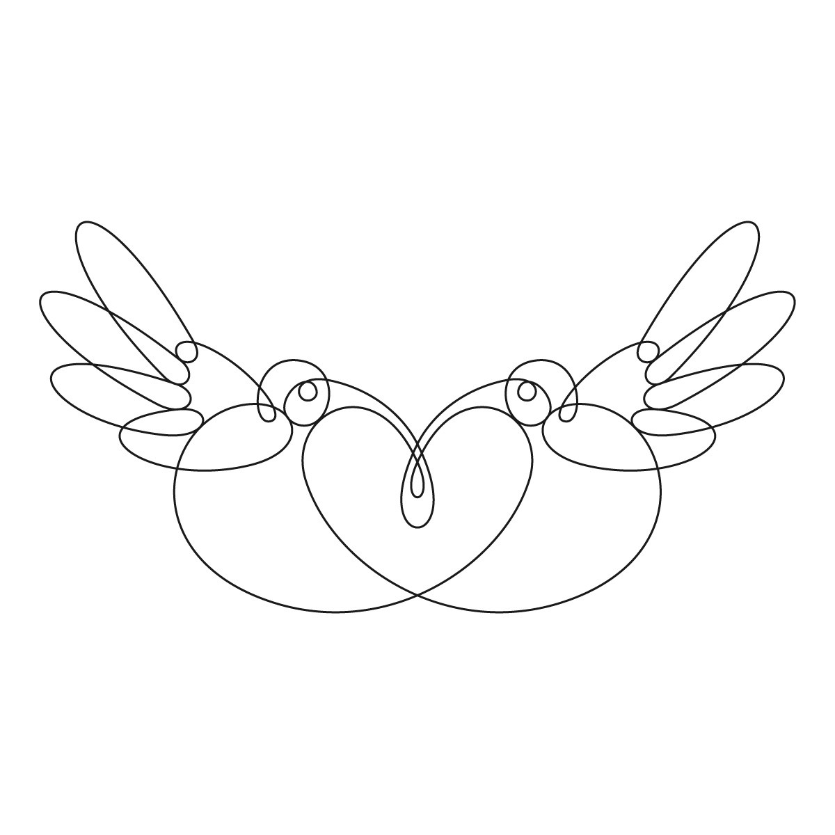 Black and white illustration of two hummingbirds meeting in the center and forming a heart shape.