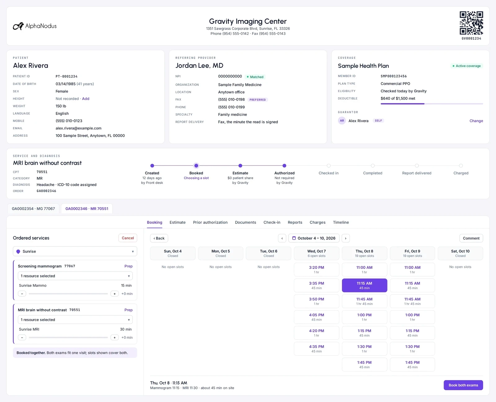 An order in Gravity with the patient, referring provider and coverage, its status from created to charged, and the booking tab offering open slots that fit a screening mammogram and an MRI in one visit, with Book both exams