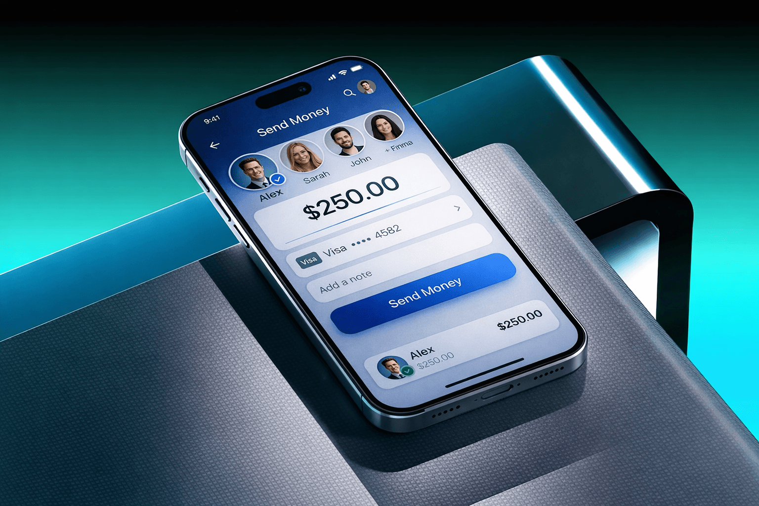 Mobile money transfer app on a phone screen, sending $250