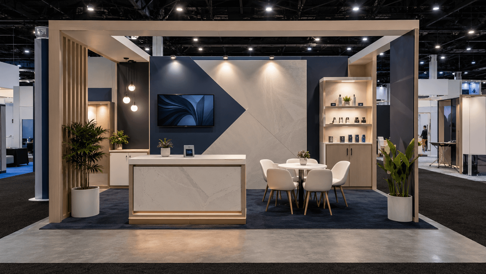 20x20 trade show booth rental layout in Las Vegas with branded back wall, demo counter, compact meeting area, product display shelf, and clear aisle entry