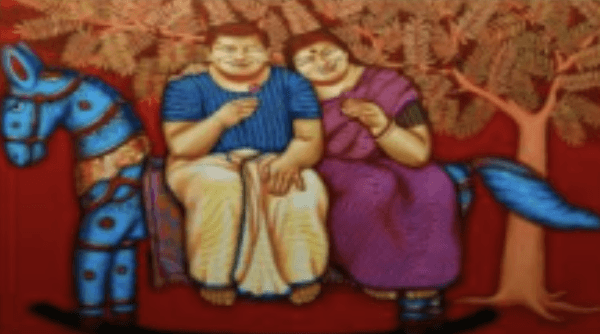 herd of sheep on road painting