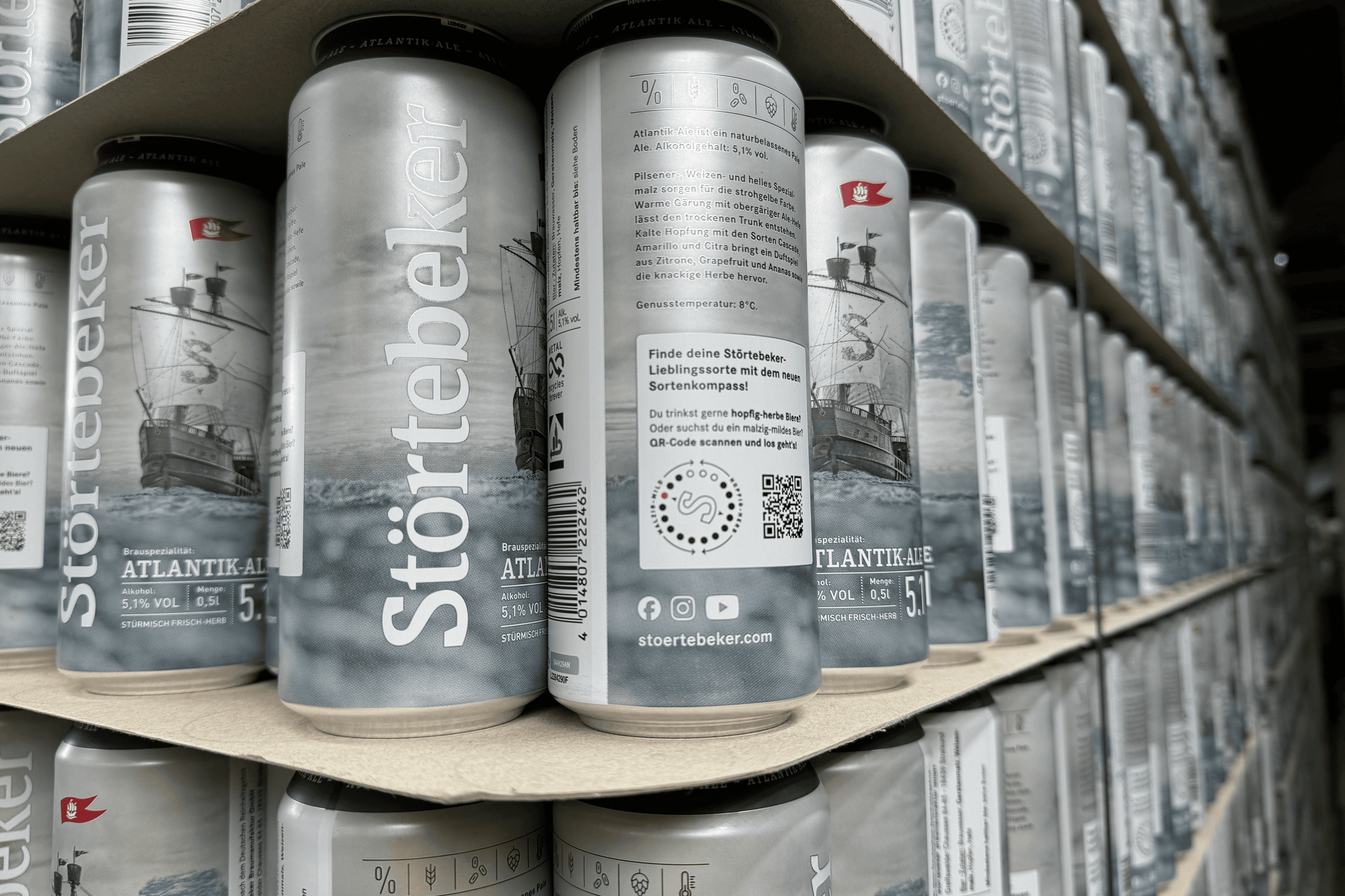 Störtebeker Atlantik Ale beer cans stacked on shelves