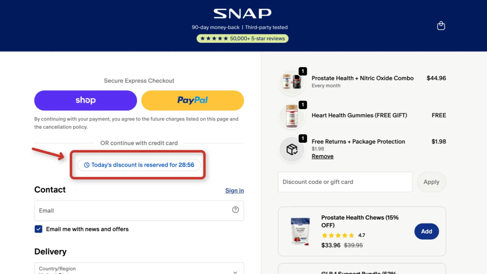 The Snap Supplements checkout with the countdown timer variant