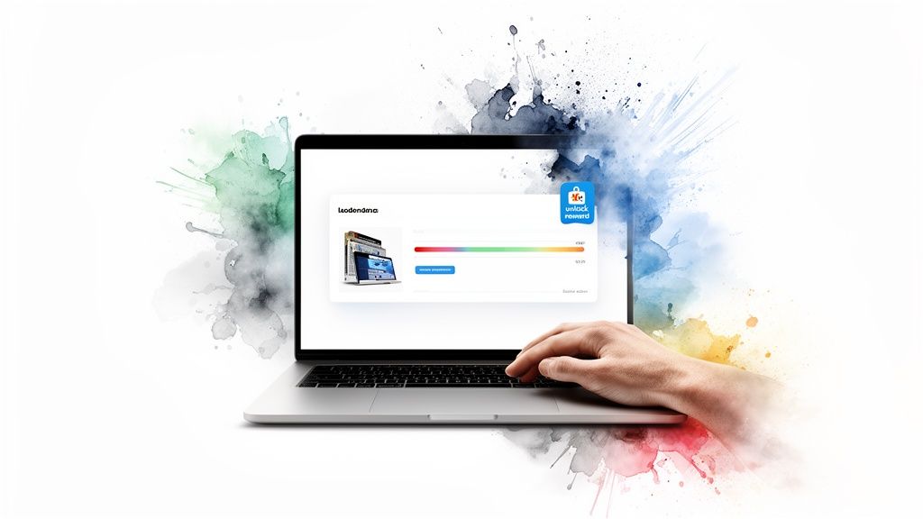 Hand typing on a laptop showing a digital reward program with a progress bar and 'unlock reward'.