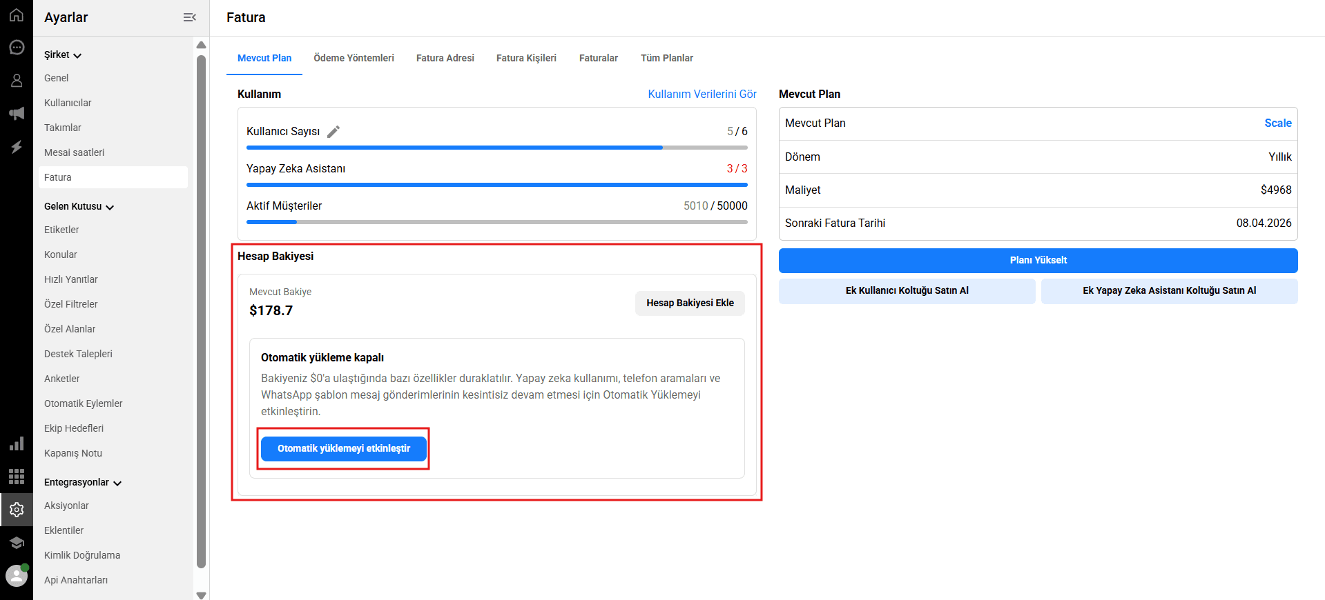 Auto recharge settings window in Qpien billing