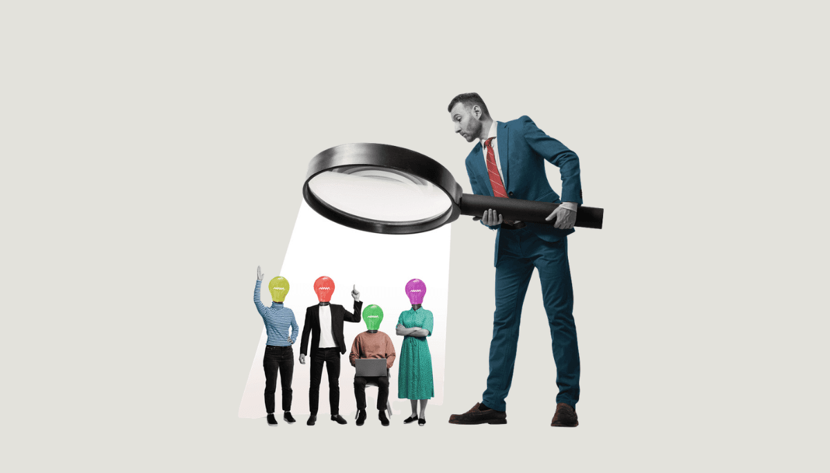 Illustration of a businessperson using a magnifying glass to examine figures with lightbulb heads, symbolizing startup recruiting and fast hiring.