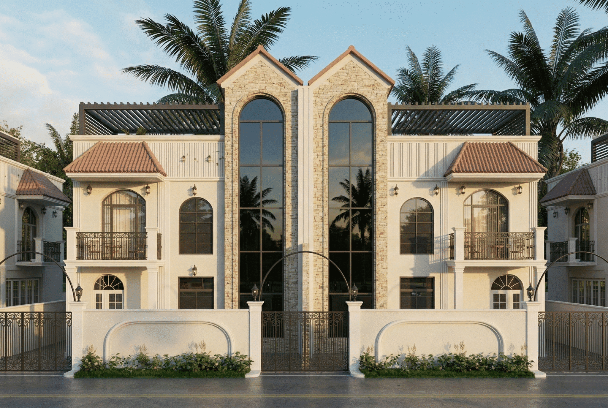 Single-story house with a terracotta-tiled roof, archway entrance, plants in the yard, and a paved driveway. Bright, sunny day, tropical vibe.