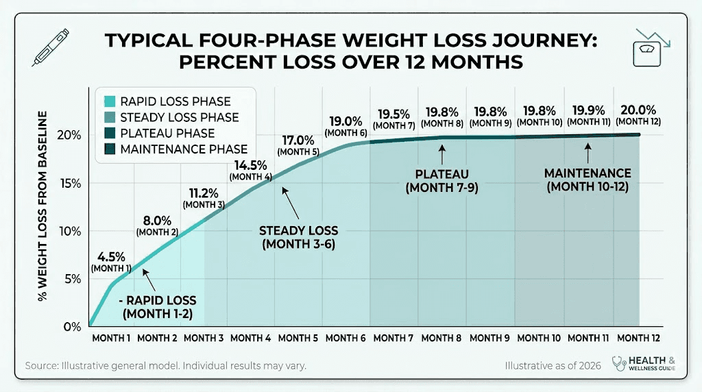 GLP-1 weight loss curve showing four phases from rapid initial loss to long-term maintenance