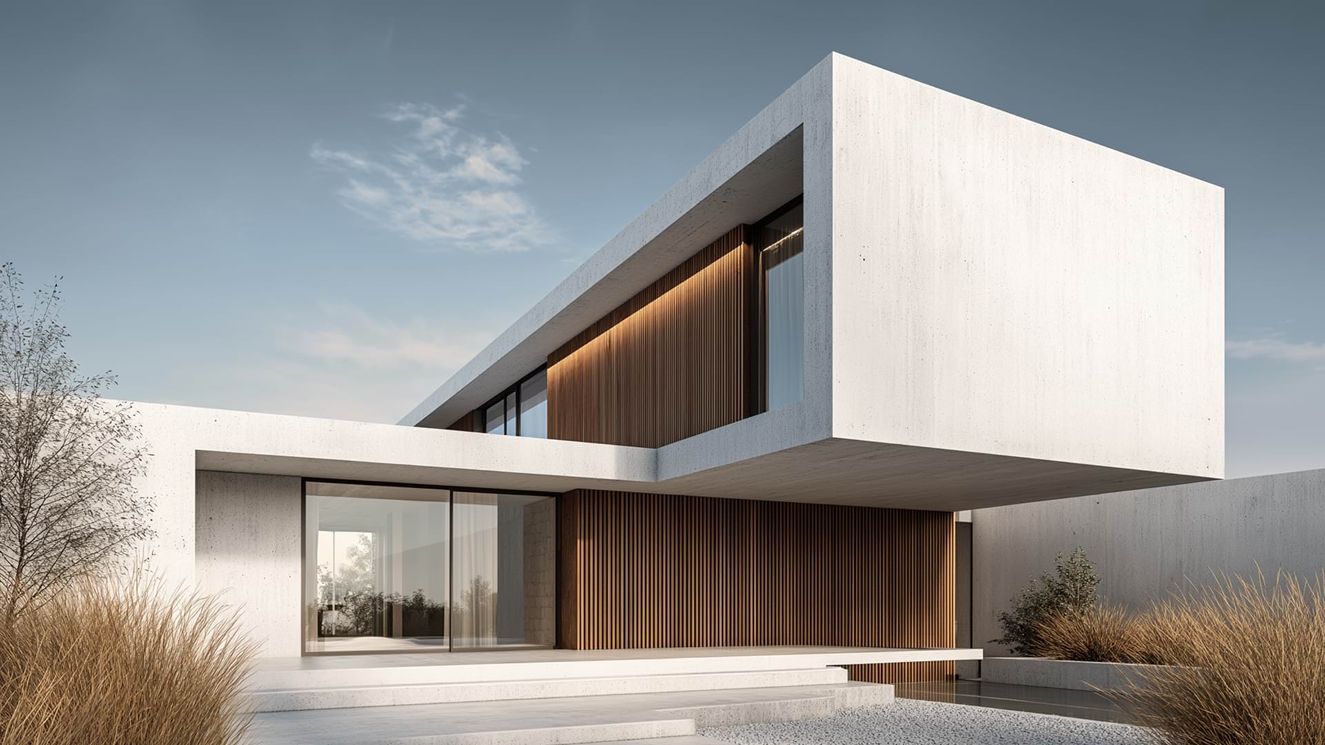 Modern minimalist house with concrete and wood facade, large windows, and surrounded by sparse shrubs. The sky is clear, creating a serene ambiance.