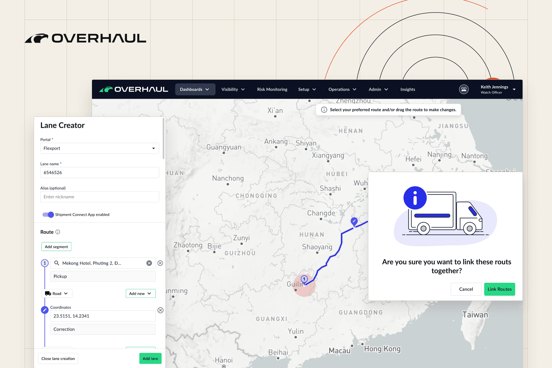 Overhaul Lane Creator: route form panel, a map of southern China with a plotted lane, and the ‘Are you sure you want to link these routes together?’ dialog, on a paper background with ring motif